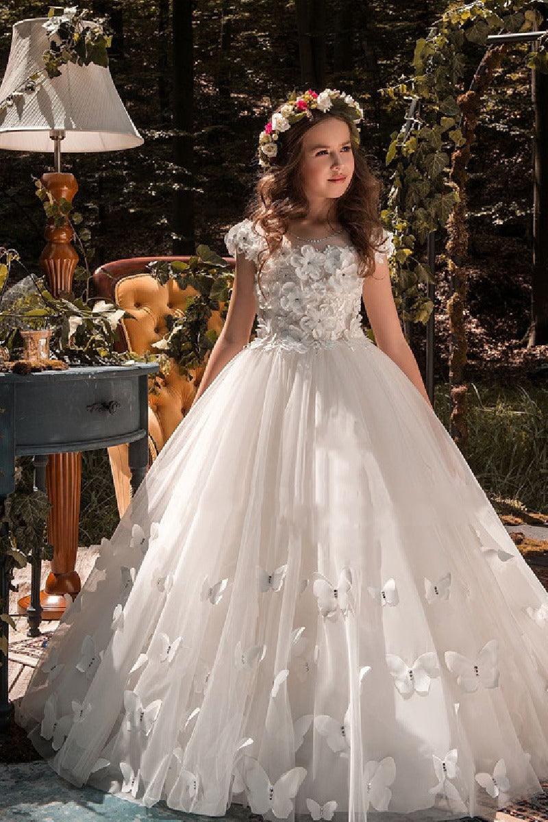 Ball Gown Illusion Neck Cap Sleeve Tulle Court Train Flower Girl Dresses 616972096505 - 7 Days / Ivory / 2 - COCOMELODY